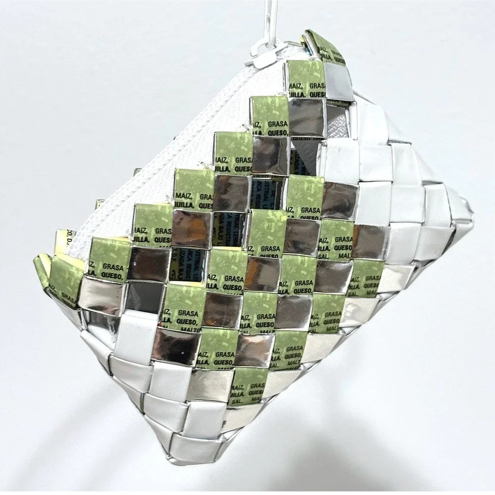 Handcrafted Upcycled Woven Coin Purse‎ Green Silver White Recycled Wrapper Bag
